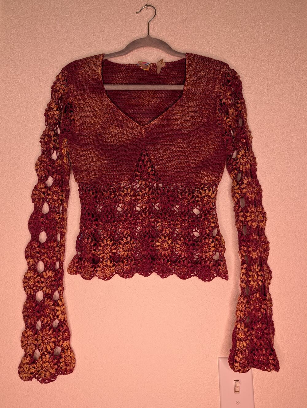 America America Women's Boho Floral Cutout V-Neck Sweater M Hippie Festival Chic